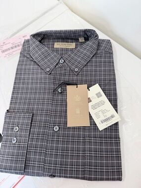 New Burberry Men's Dark Gray Cotton Checkered Shirt with Front Pocket Size XL